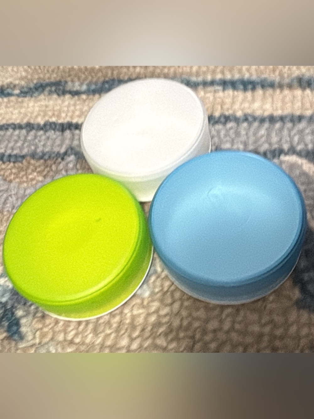 Triple Set of Round Travel Containers - White, Lime Green, Sky Blue